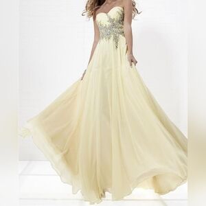 Tiffany Designs Strapless Yellow Evening Gown with Beaded Bodice